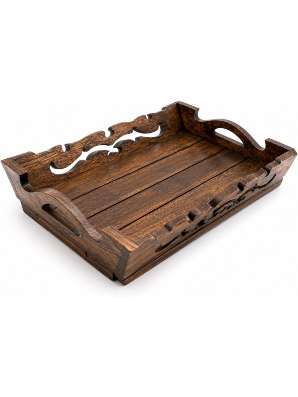 Rustic Hand Carved Wooden Serving Tray with Handles - 14.5 x 12 Inch Home Decor